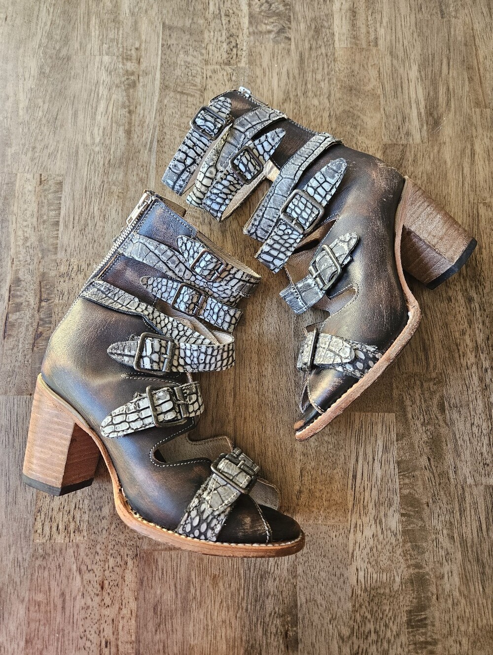 Freebird Bond Distressed Leather Croco Multi Buckle Heeled Sandals/Boots